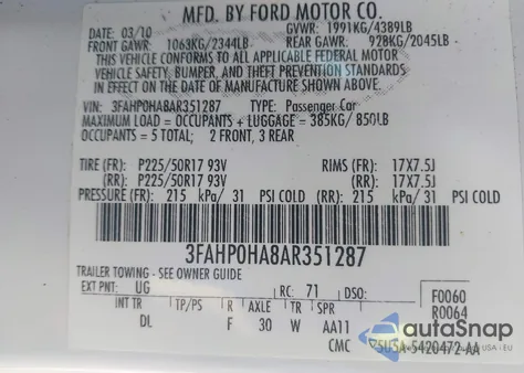 2010 Ford Fusion Se from USA, damaged, VIN 3FAHP0HA8AR351287